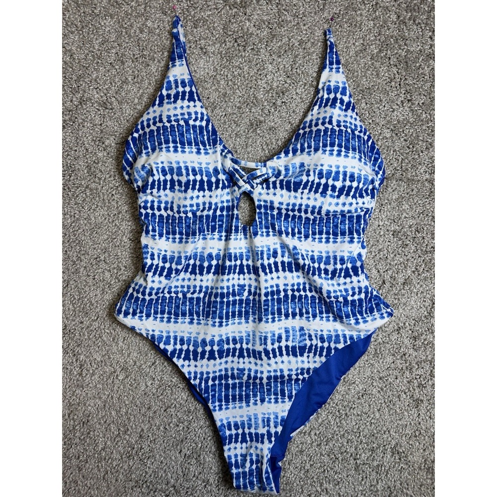 TiNiBiKiNi Reversible One Piece Swimsuit XL Blue White Strappy Back Keyhole